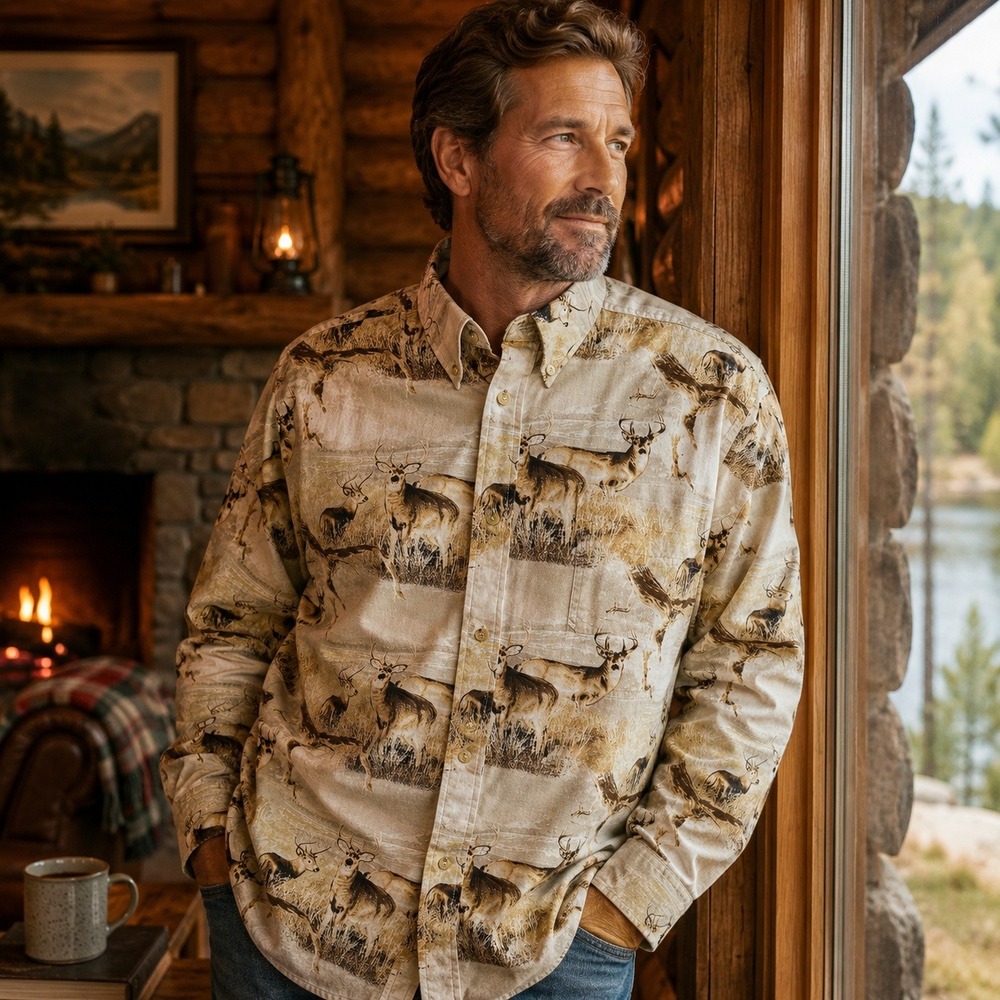 Woodland Trail Mens Cotton Deer Print Shirt Sz 3XL Hunting Cabin Outdoorsman